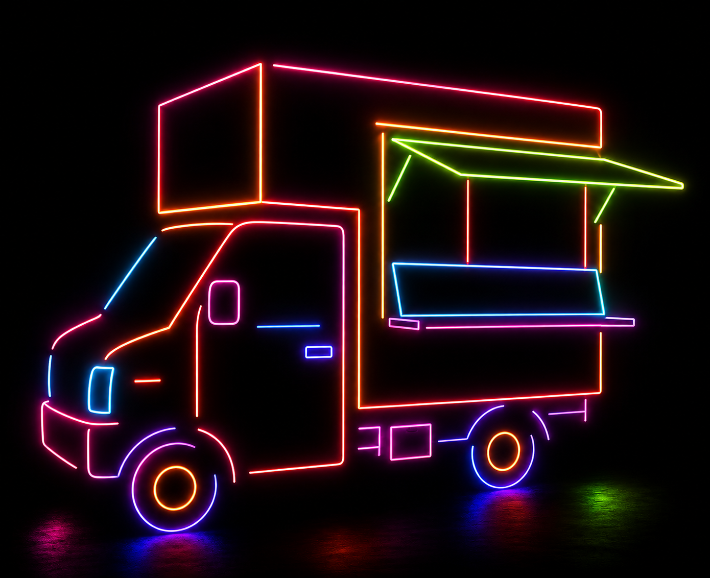 Neon-style illustration of the Kei Kitchens truck, service window open with awning and shelf extended