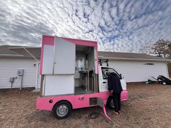 Pink Kei truck box conversion, mid-build with the doors open