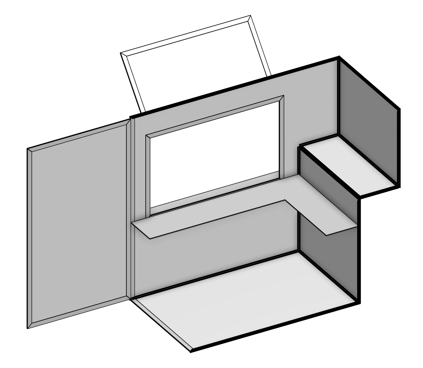 CAD render of the unit from the kitchen side, showing the work surface, storage shelf, and service window