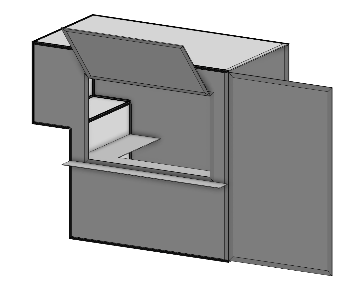 CAD render of the Kei Kitchens unit, service side, awning window open with the serving shelf extended